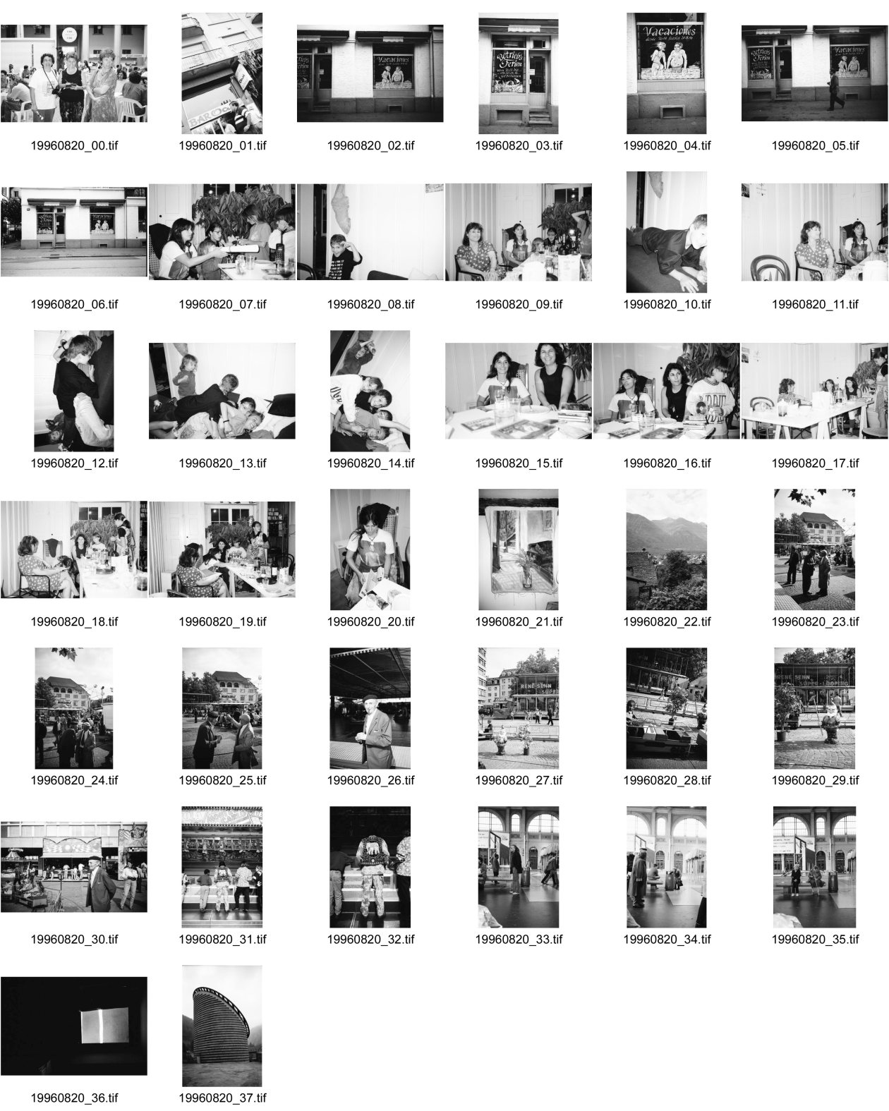 Image of sheet 19960820: Zürich Betriebssommerferien Kreis 4 Isabel Eiriz und Tom Tom Thomas Malach Stevens Janine Olivia Christina im Erismannhof. Helvetiaplatz Knabenschiessen Chilbi alte Männer Portrait Mann mit Stumpen Zigarre Gordevio Bahnhof Zürich Mario Botta Kriche in Mogno TI Tessin Tessin 1996