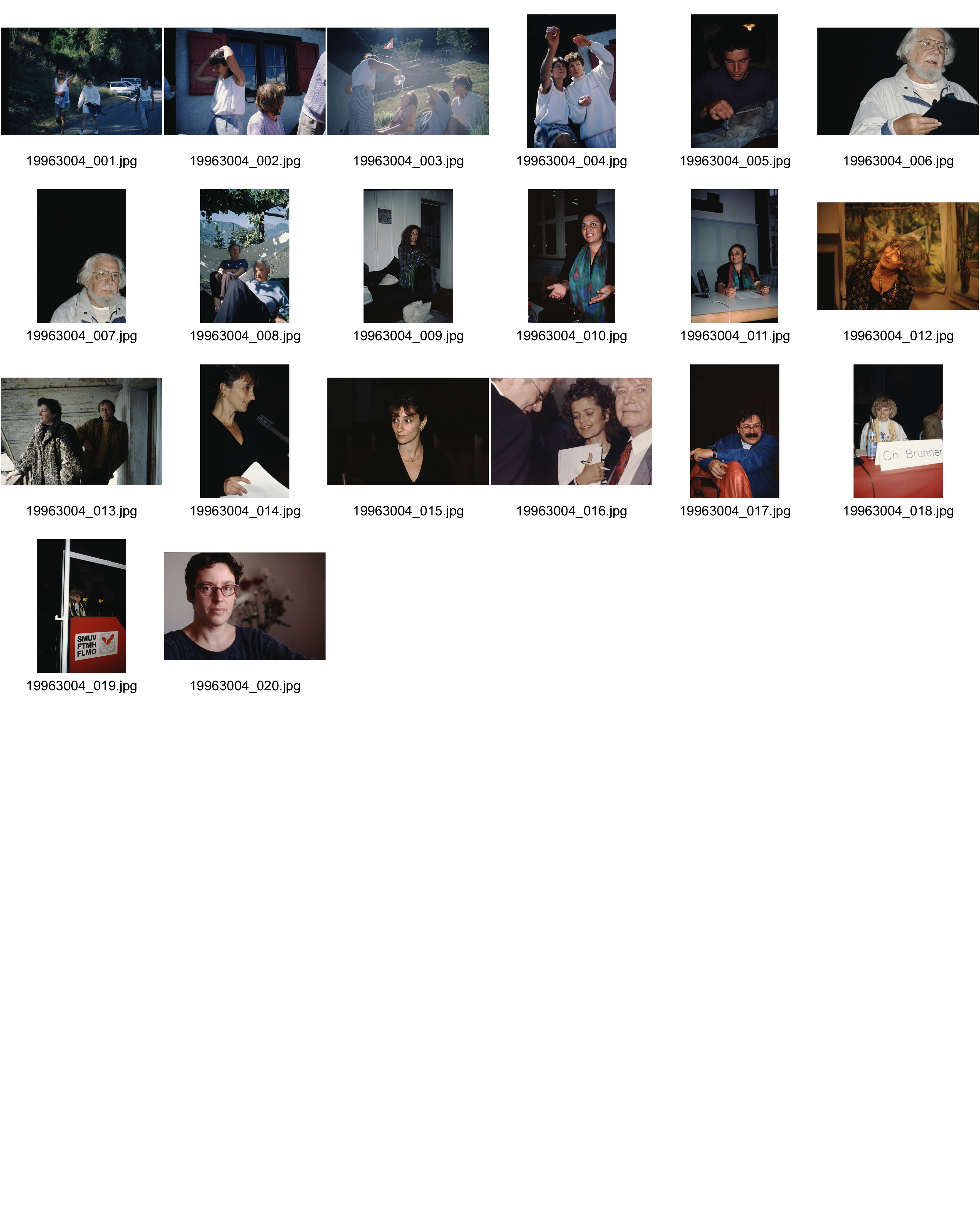 Image of sheet 19963004: Lydia und Lucia, Ticino 1996. nr. 6 und 7 ernesto cardenal,
nr. 8 chava und mann Nir, Ann Mandelbaum Nr. 9, Sumaya Farhat Nazer Nr. 10, 11, nr. 13 Thomas Ricklin mit Frau, 14 und 15 jessica früh, nr. 16 daniele muscionico, nr. 17 ignacio taibo, nr. 18 und 19 christiane brunner, nr. 20 rebecca naldi