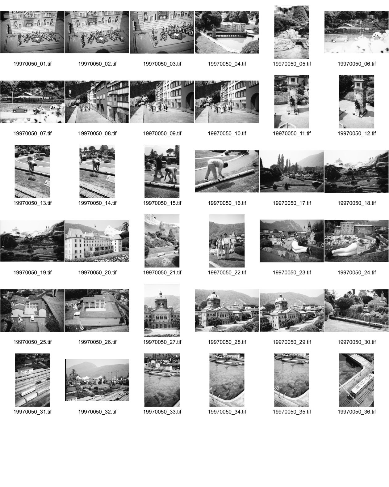 Image of sheet 19970050: TEE Zug Tessiner Gutshof Appenzeller Kuhaufzug Basler RheinhafenBundeshaus Olivia Tell Denkmal Bahnhof Polin und Olivia schwanger IKRK Hauptsitz in Genf Luzerner Holzbrücke etc.
