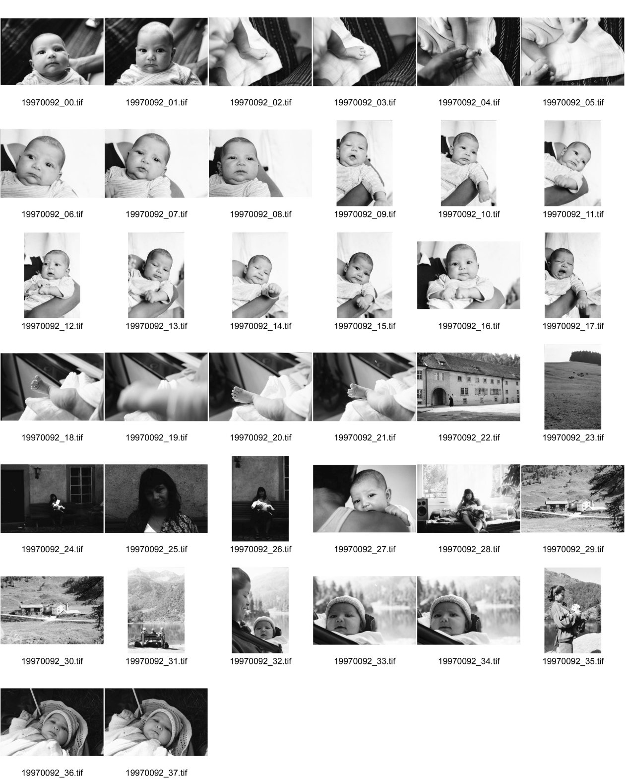 Image of sheet 19970092: Portrait Alis Füsse Kloster Einsiedeln Olivia beim Stillen Polin und Alis auf Schulter Maloja Salecina  Alte Pensionierte auf Bank am Cavlocsee Alis im Snugli Sack Vicky und Alis Heussler Valdivia Salinas
Graubünden Kanton Grisons 1997