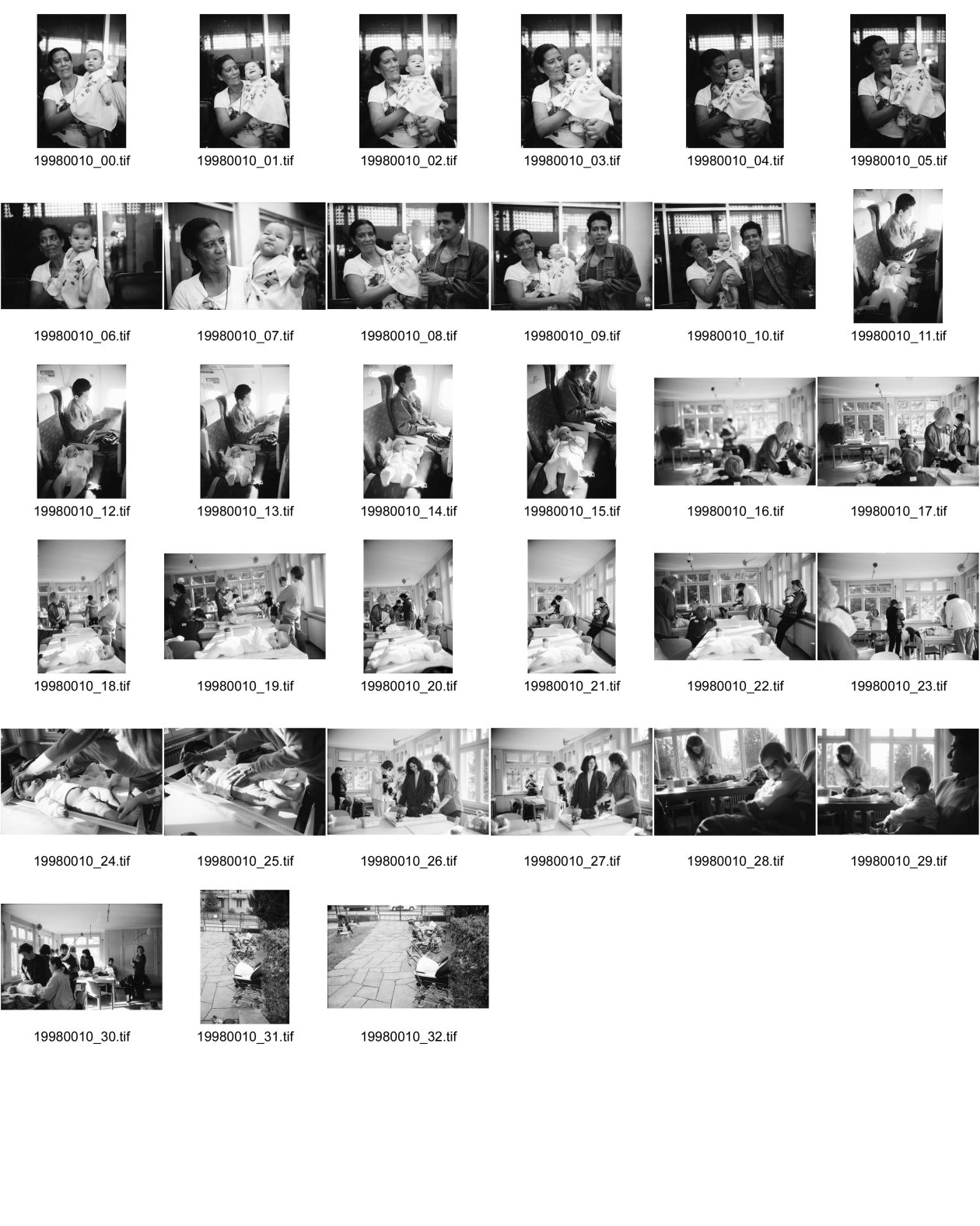 Image of sheet 19980010: Alis mit ihrer Grossmutter Viktoria Salinas am Flughafen Managua, Alis liegt im Flugzeug neben ihrem Vater, Polin Sergio Valdivia, Alis und Polin bei der Mütterberatung Clavadetscher Artergut Kinderwagen