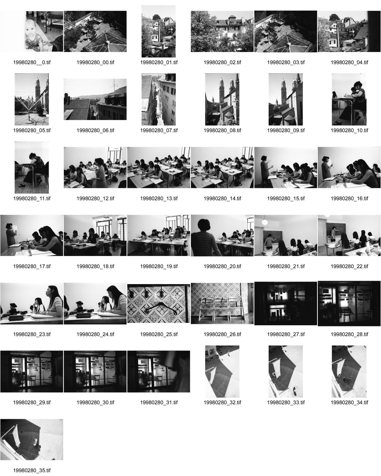 Image of sheet 19980280: Altstadt Zürich Grossmünster Deutschkurs für Thailänderinnen Zentrum Karli Karl der Grosse Kinder Trip trap Dachgärten Zürich 1998