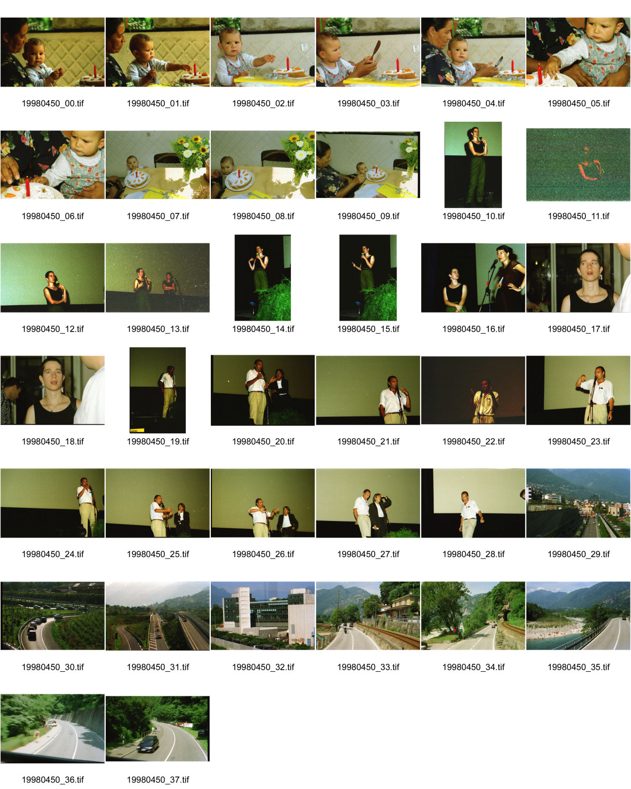 Image of sheet 19980450: Alis feiert 1. Geburtstag mit ihrer Grossmutter aus Nicaragua Victoria Salinas Hegibachstrasse Zürich
Paolo Poloni stellt Fondovalle vor. Paulina Autorin mit Regula Bochsler im Locarno Filmfestival. Morettina. Kantonsstrasse Valle Maggia mit Maggia