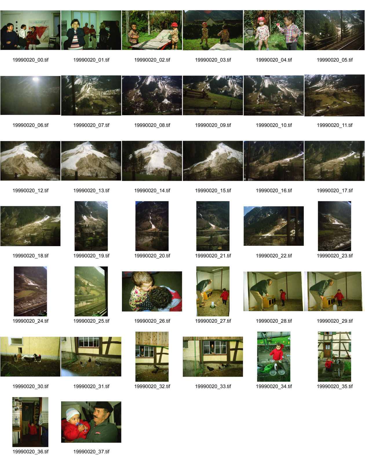 Image of sheet 19990020: Ausstellung an Ostern von Carla Zanoli bei La Rada 
Alis Heussler und Raoul in Gordevio Tessin. Lawinen Niedergänge bei Wassen Bei Percy im Elsass Elbach im Hühnerhof stall Alis im Stall. Frankreich 1999