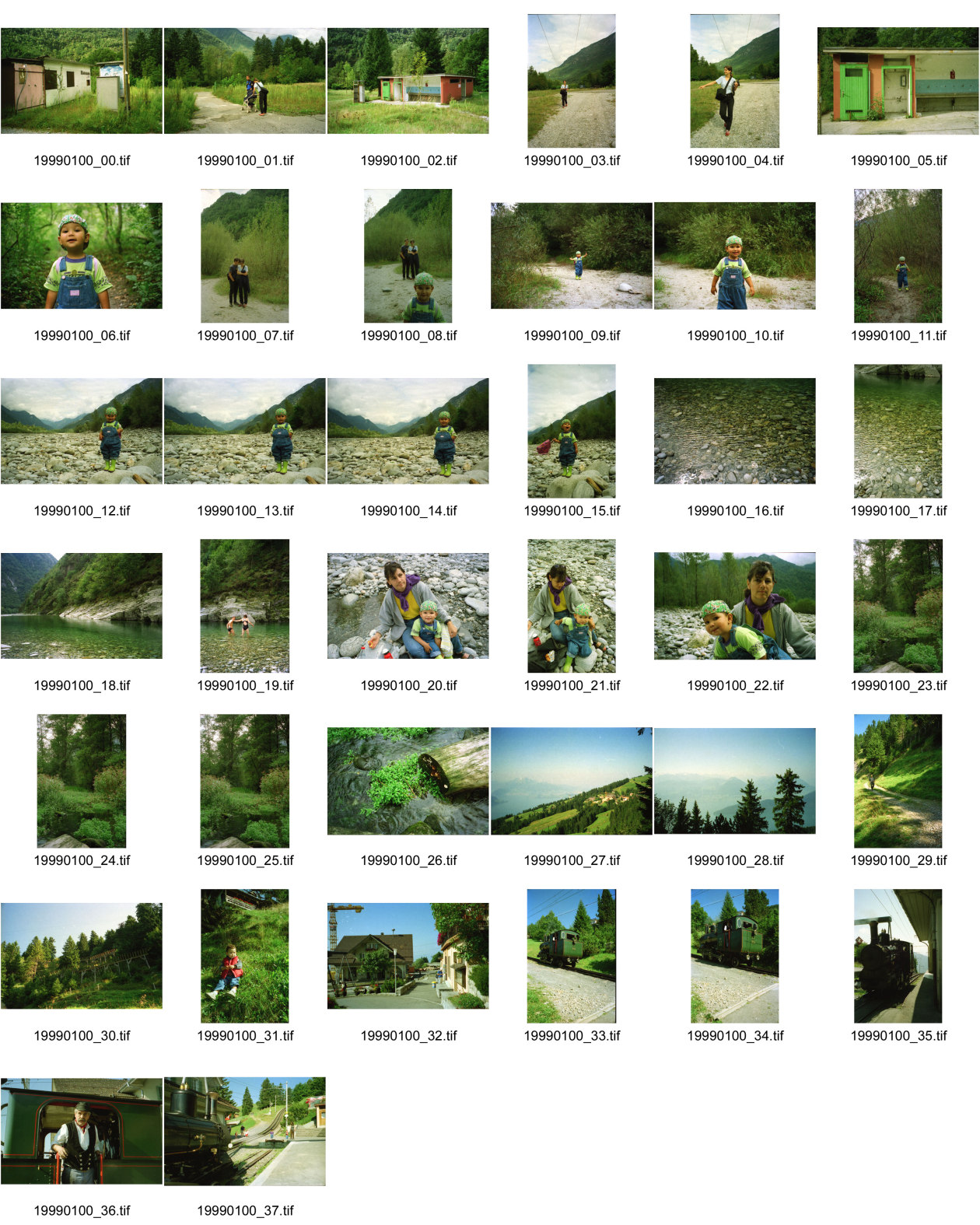 Image of sheet 19990100: stillgelegter Camping in Gordevio wegen Einrichtung Naturpark mit Linda Herzog und Luzian mit Alis Wasser der Maggia Nebenfluss Naturlandschaft. Pflanzen Schneeverbauungen auf der Rigi bei Kaltbad alte Kohle Dampflokomotive mit Führer
1999 Tessin