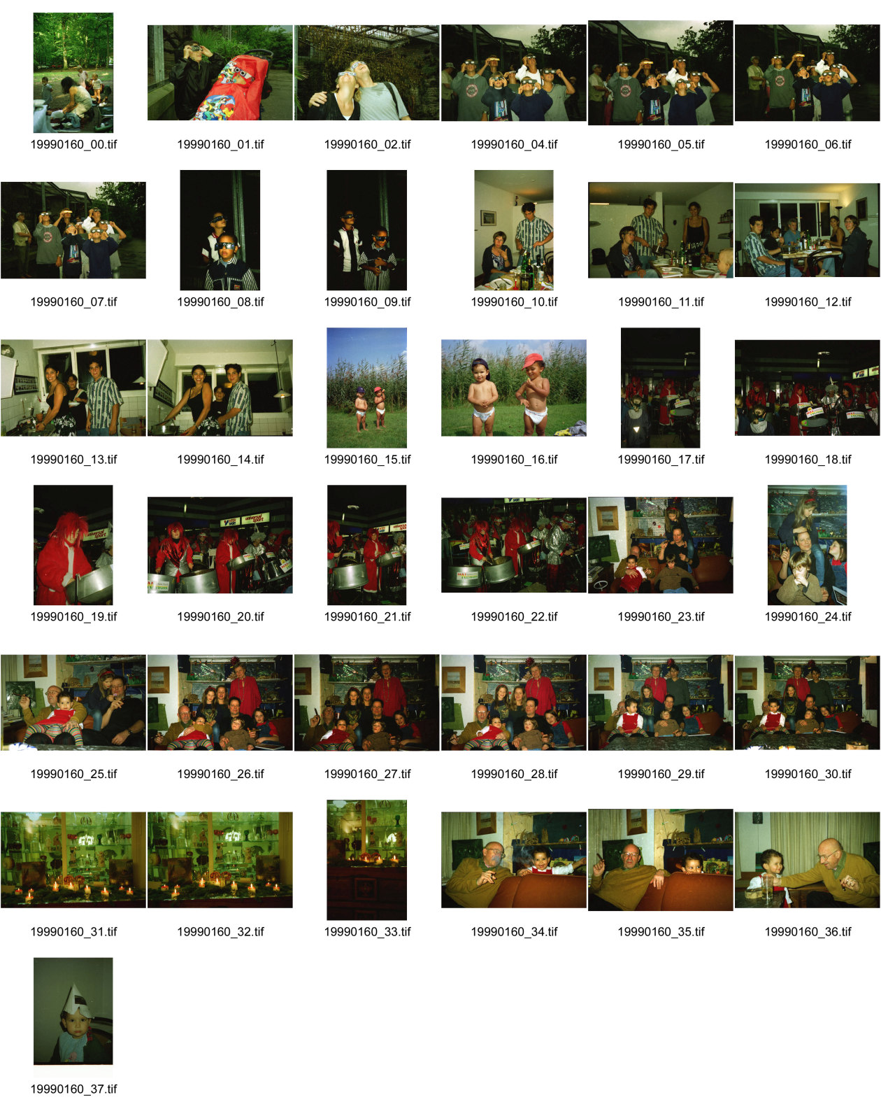 Image of sheet 19990160: Sonnenfinsternis im Zoo mit Alis Kinder tragen Brillen Roxanna und Kids Margrit Brunner spielt auf Steeldrum als Samichlaus im Shopville Raoul und Alis am Lützelsee mit Windeln Gruppenbild bei Vital und Marianne in Meilen mit Checco Hauser Zürich Schweiz 1990