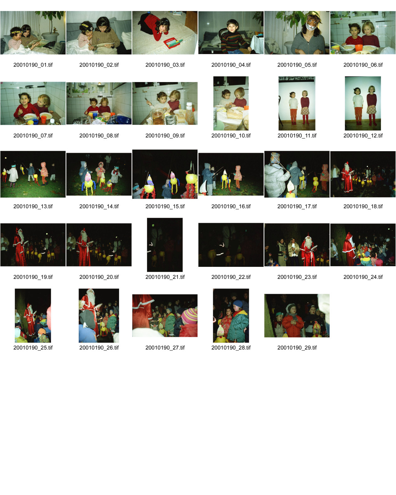 Image of sheet 20010190: Alis Heussler mit Salem Computer Behesta Saya Lena Fingerhuth Samichlaus mit Rasselchischte Kinder im Wald mit Laternen Joe Dietrich Iris Epprecht Noelle Olivia mit Tigermaske