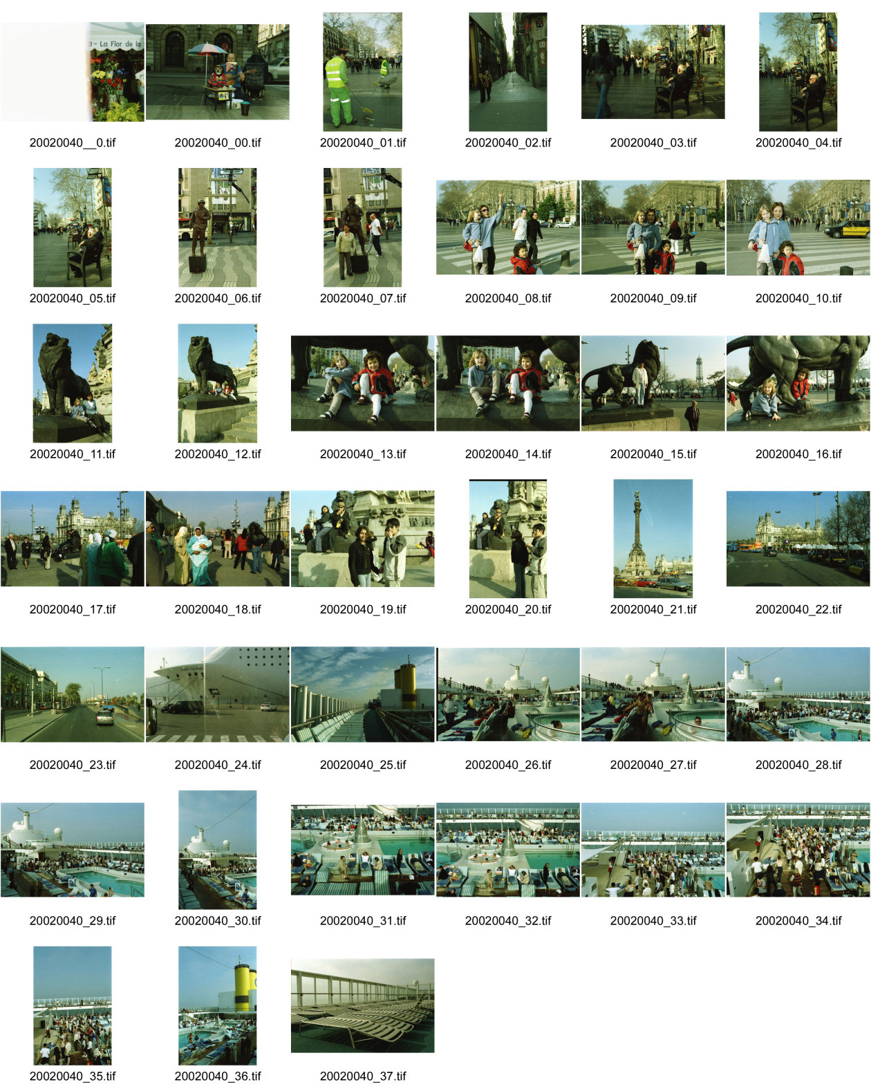 Image of sheet 20020040: Barcelona Ramblas Strassenwischer Alis Heussler Gabrielle Attinger Tochter Kreuzfahrtschiff Costa Whirlpool auf Deck leere Liegebetten