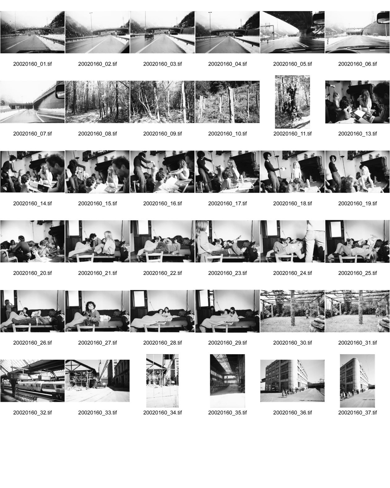 Image of sheet 20020160: Barbara Richiger trocknet Lucille Iva Walz die Haare Alis und Chiara liegen und sitzen auf dem Tisch vor dem Cheminee Kamin in der Wohnstube Garten Wald mit Granitsteelen Gordevio 2002
Meret Eingang vom Gotthardtunnel Nord Autotunnel