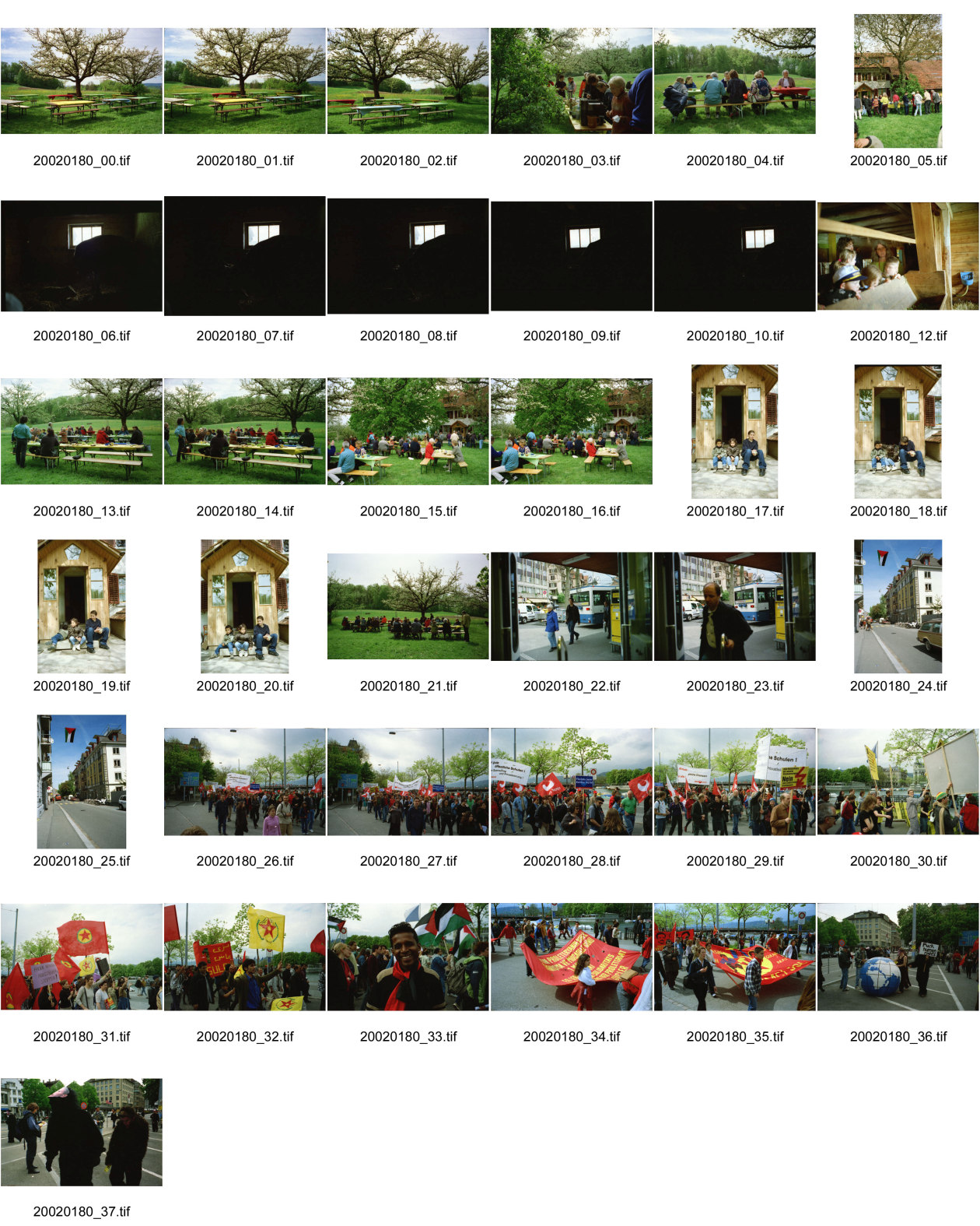 Image of sheet 20020180: Bauernzmorge Bauernfrühstück Frühstück an grossen langen Tischen auf dem Lande Bauernhof unter blühenden Apfelbäumen Geisshof  Gebenstorf Aargau bei Beat und Annemarie Müller Kinder im Stall David Müller mit Alis und Raoul (?) 
1. Mai Demonstration in Zürich Palästinaflagge Palästina Bild mit bemaltem srilankischen Ceylon Freund Kamil Issadeen
