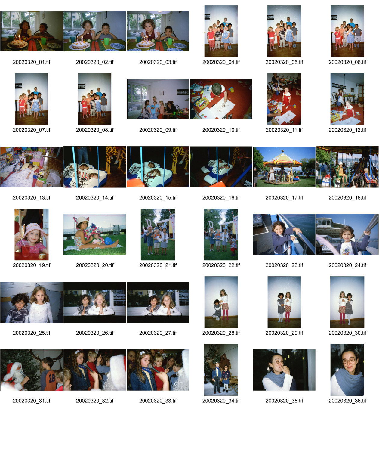 Image of sheet 20020320: Alis Heussler Mädchen Geburtstag Barbara Richiger  Chiara Herold Alis und Lena mit Stella und Bruder Theaterspektakel mit Anouk Thomé auf Karussell Alis im Bett Hegibachstrasse mit Marcos Baldenweg Gruppenbild mit Alis Raoul Madleina Anna Balz Fingerhuth
mit Raoul Batantu 2002 Zürich