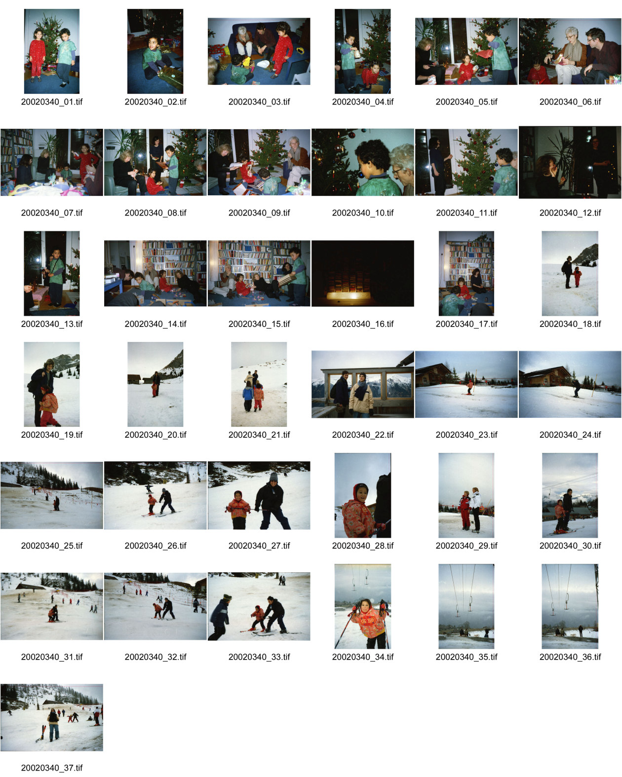 Image of sheet 20020340: Olivia Heussler Alis Heussler Skifahren Axalp Richard Herold Barbara Richiger Bern 
Weihnachten Chudi Bürgi Raoul Batantu Christina und Daniel Volkart Isabel Morf Geschenke öffnen Zürich 2002