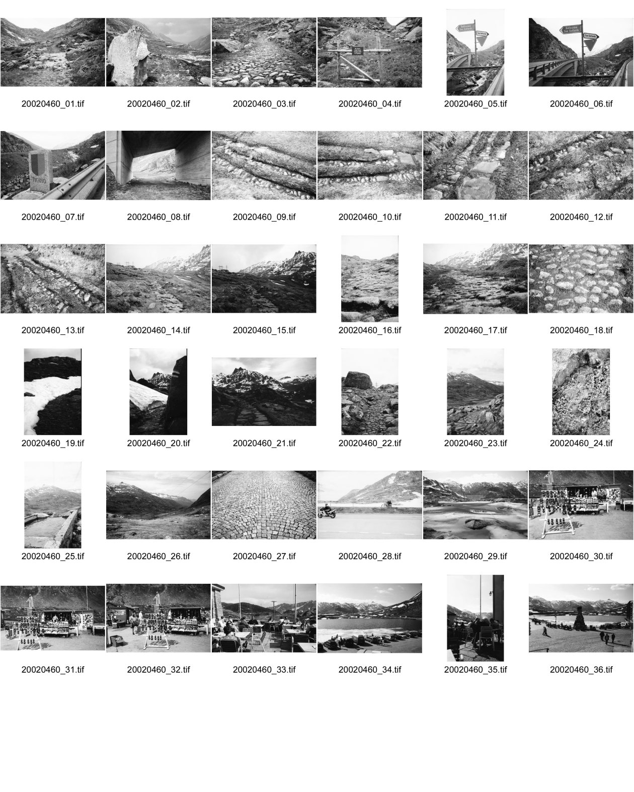 Image of sheet 20020460: Gotthard Saumpfad Hospiz Verkehrstafeln Kanton Tessin markierung Tremola Pflasterstein Motorrad Kiosk See mit Denkmal Restaurant Holztor auf Wanderweg