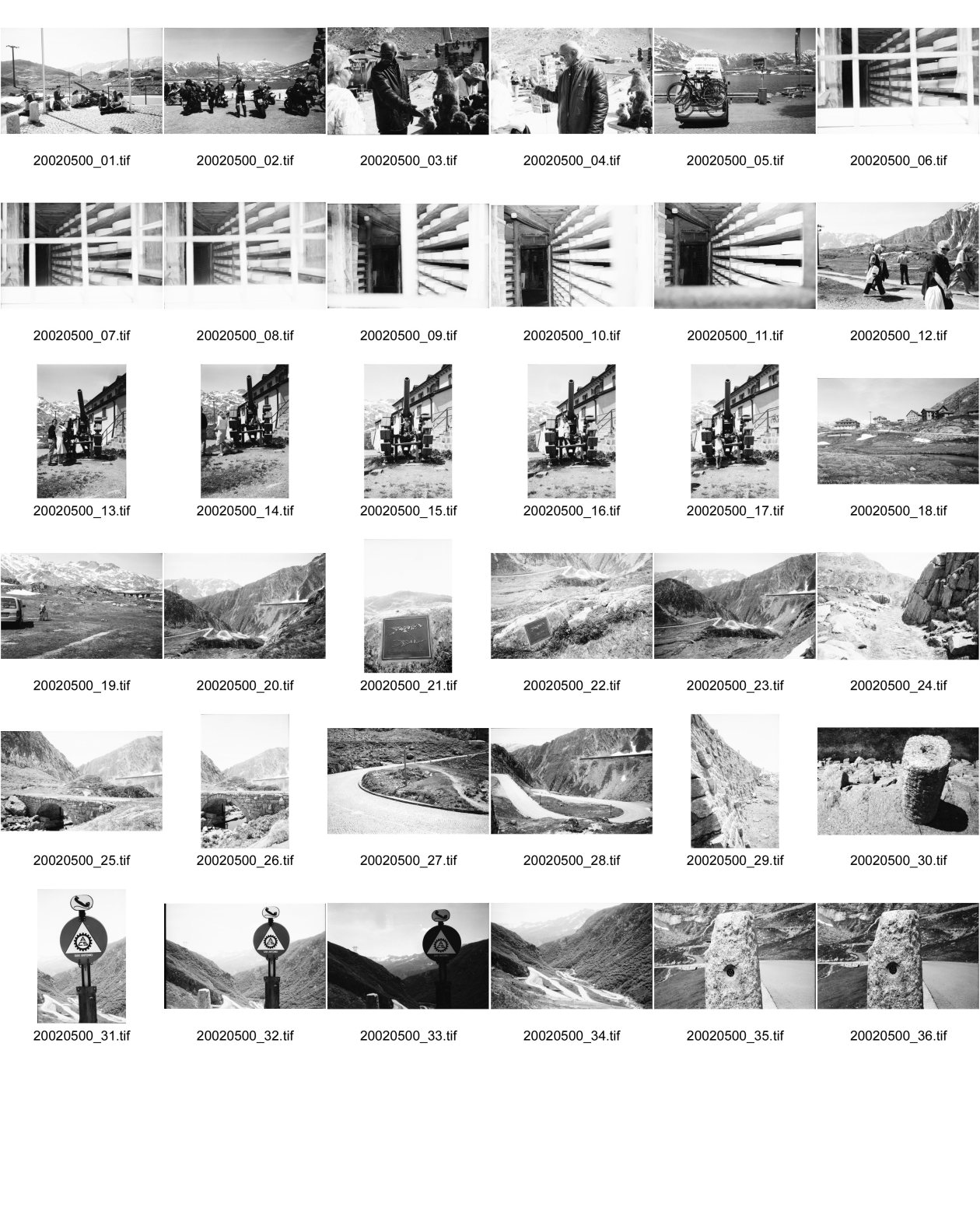 Image of sheet 20020500: Gotthard Käserei Hospiz Passhöhe Touristen Kanone Tremola Tangabadehose Göthe Denkmal Brücke Pfeiler ACS Telefonstation Notfall