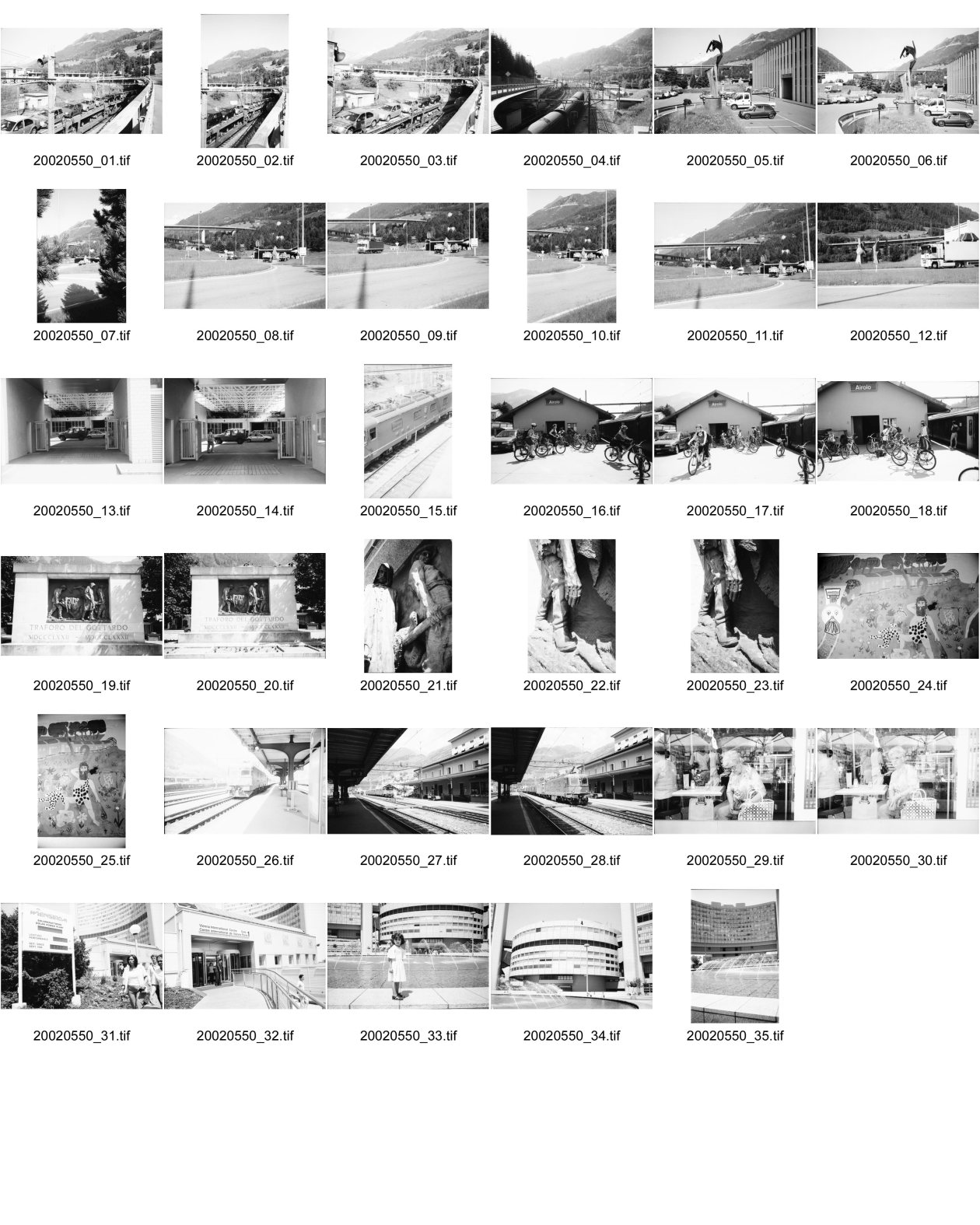 Image of sheet 20020550: Airolo Bahnlinie Eingang Zugtunnel Gotthard Lastwagen Fahrradmiete Denkmal für die Opfer des Zugtunnelbau Traforo del Gottardo Ausschnitt  Stiefel und Hand alte Lokomotive 

Wien UNO Hauptgebäude Alis Heussler vor dem Brunnen Juni 2002 Oesterreich Österreich