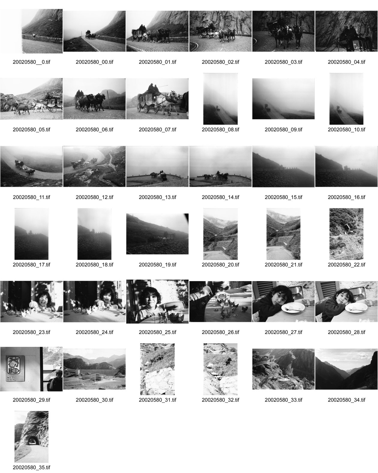 Image of sheet 20020580: alte Gotthardpost Tremola Nebel Rösslikutsche Pferdegespann Gotthard 
Alis Heussler in Gordevio am Tisch Achtung Minen Tafel bei Robiei Staumauer Lago di Zött
Gotthard Uri Regen Motorrad Graffitti Passhoehe 2091m u.M. alte Gotthardpost Pferdegespann Rösslikutsche