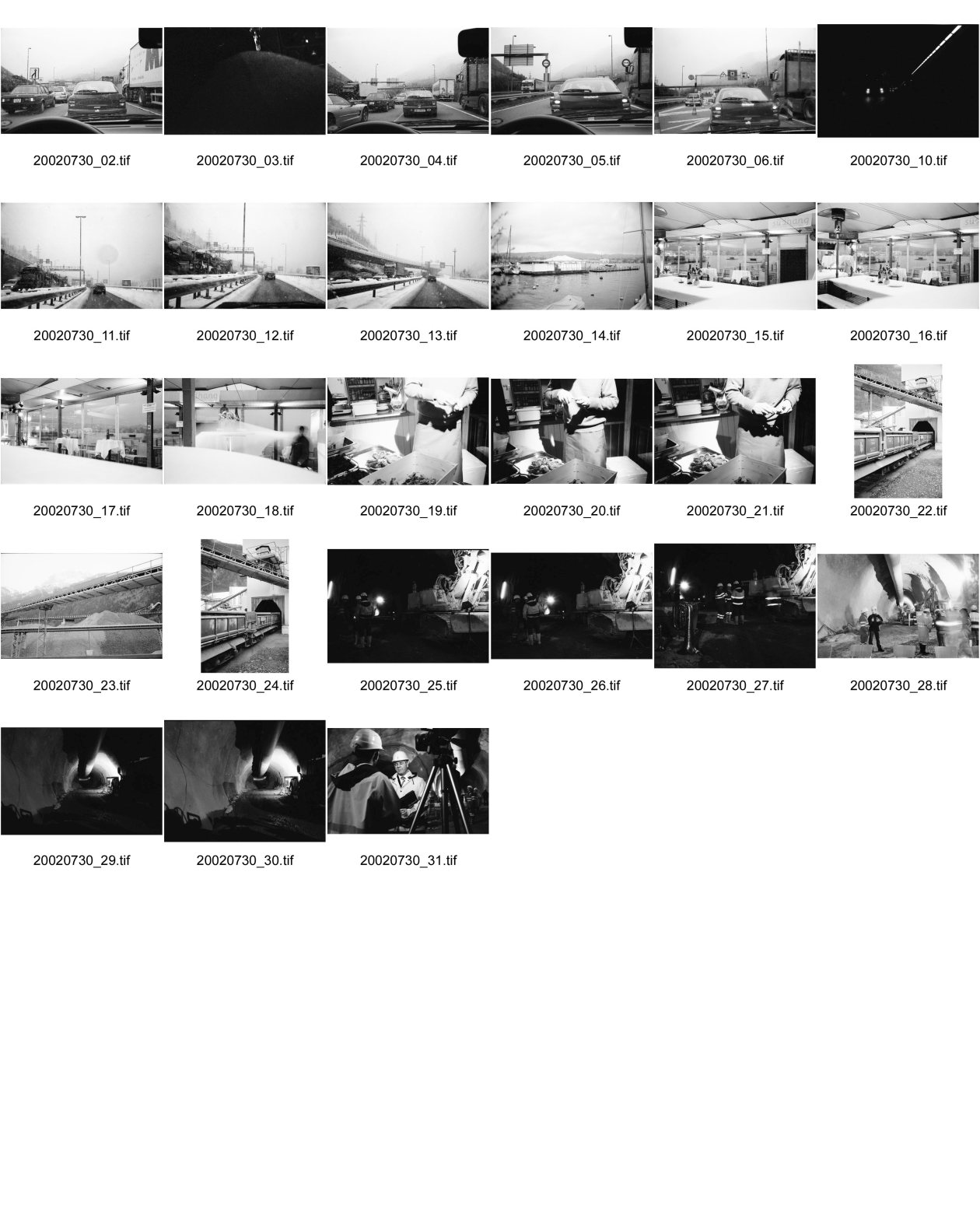 Image of sheet 20020730: Autokolonne am Gotthard Suedportal in Airolo Gotthard Nordseite mit Schnee auf Autostrasse 
Badi Enge tische gedeckt Austern stechen bei Suedhang mit mathis pilloud in Zürich
Kiesaushub in amsteg Nordportal Neat  nr. 31 Adolf Ogi gibt interview