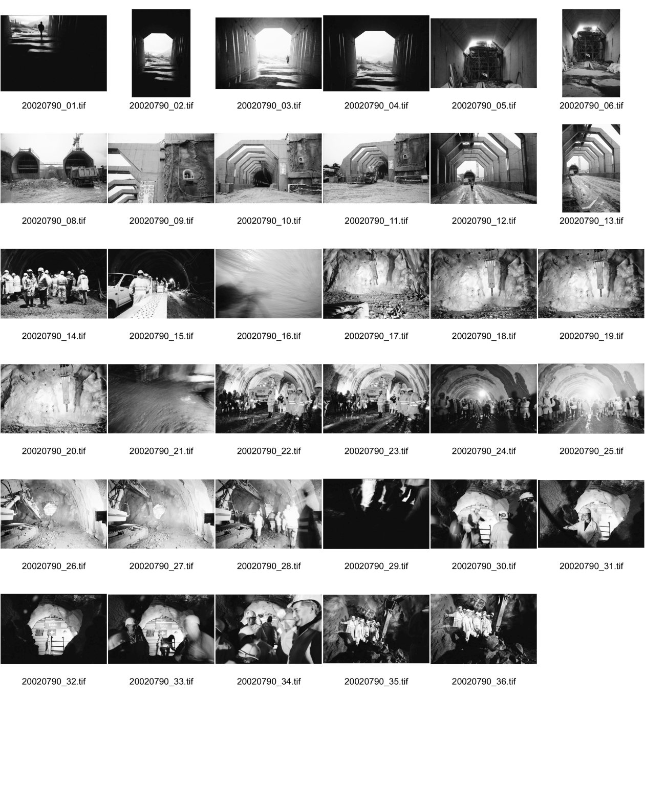 Image of sheet 20020790: Neat Bahntunnel Gotthardbasistunnel Baustelle Suedportal
AlpTransit Gotthard AG  Südportal in Bodio 
Durchstich zur Oströhre Faido Gruppenbild Mineure zur Feier des ersten Durchbruchs im Basistunnel. 
...Wir sind zur Feier in den Gotthard-Basistunnel gekommen: den ersten Durchbruch im Jahrhundertbauwerk, nämlich von der Lockergesteinszone in die nördlich anschliessende Oströhre. Vor der Tunnelbrust steht erhöht wie auf einer Bühne ein gelber, von Scheinwerfern angestrahlter Bagger. Ende der Lockergesteinszone, die Tunnelbrust, auf der das auszubrechende Profil mit roten Punkten markiert ist, besteht aus solidem , monolithischem Leventinagranit. Die Mineure strömen in den Stollen, Lautsprecher werden montiert. ... Durch die Oeffnung sehen wir in die Oströhre hinüber...
Arbeiter der Firma Herrenknecht an der TBM
aus: Gotthard, das Hindernis verbindet. Kanton Tessin, Ticino, Schweiz Svizzera, Switzerland 2002