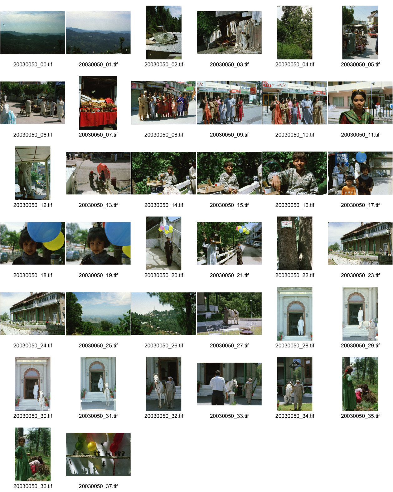 Image of sheet 20030050: Murree ist eine Kleinstadt in der Provinz Punjab in Nord-Pakistan
Kinder mit farbigen Ballonen Hotel alter Mann und Schimmel weisses Pferd steht am Eingang Blecksoldaten zum abknallen mit dem Luftgewehr Spiel alte Bäume