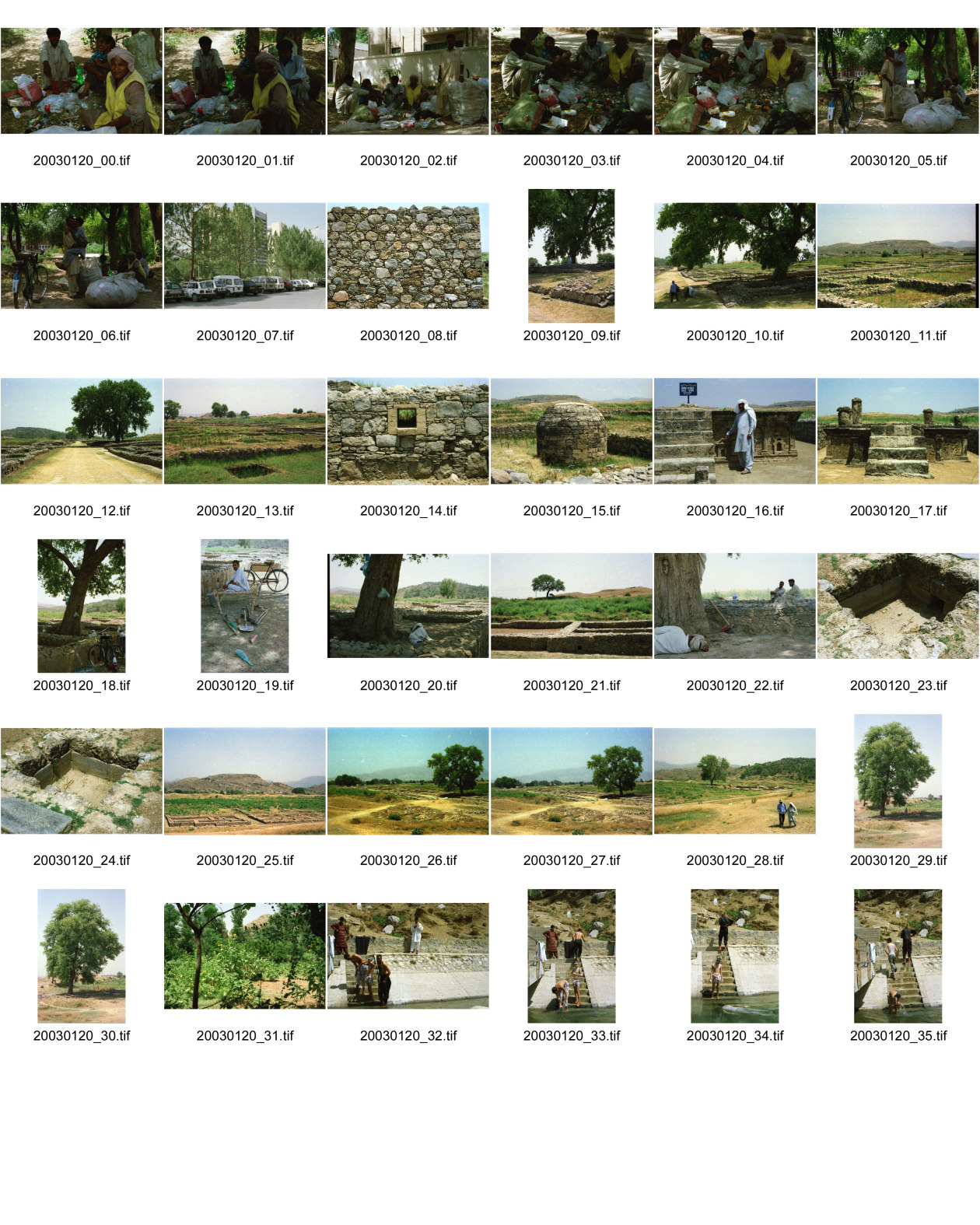 Image of sheet 20030120: Sirkap (Urdu: سر کپ) is the name of an archaeological site on the bank opposite to the city of Taxila, Punjab, Pakistan. The city of Sirkap was built by the Greco-Bactrian king Demetrius after he invaded ancient Pakistan around 180 BC. Demetrius founded in the northern and northwestern Indian subcontinent (modern day Pakistan) an Indo-Greek kingdom that was to last until around 10 BC. Sirkap is also said to have been rebuilt by king Menander I. Wasserbrunnen, Mauern Mann im Schatten restauriert In den Stupas Nr. 14a wurden die Mönche eingeäschert. Männer baden schwimmen Khanpurkanal in einem Wasserkanal der Wasser nach Islamabad bringt. Eine Familie recycles sammelt Petflaschen und Abfall.